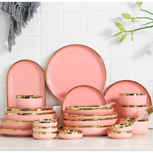 Nordic Phnom Penh Girl Powder Ceramic Tableware Set Household Rice Bowl Western Steak Plate
