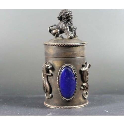 Collection of carved with domineering lions of copper toothpick box