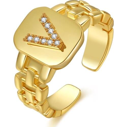 Fashion 14k Gold Plated Initial Letter Opening Ring Adjustable Size A-Z Ring for Mother Sister Friends Women Girls Jewelry Gifts