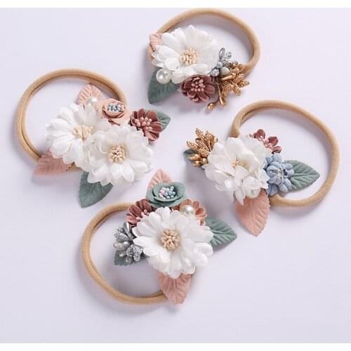 Girls Nylon Flower Headband with Pearl, Vintage Floral Hair Bows Elastic Hairband for Kids Headwear Hair Accessories