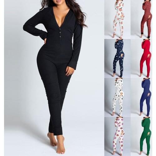 New Sexy Women Christmas Cutout Functional Buttoned Flap Adults Pajamas Club Button Design Plunge Lounge Jumpsuit Long Nighties