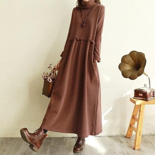 Turtleneck Dress Women Winter Thicken Warm Womens New Lace-up Dress Lagre Size Loose Long-Sleeved All-match Base Skirt Female