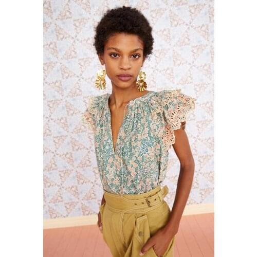 INS UllaJohso* V nech fly sleeve raffle floral printing embroidery Bohemia loose shirt blouse