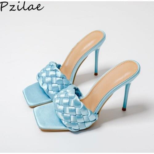 Pzilae Size 35-42 New Satin Weave Women Slippers Thin High Heel Sandals Square Open Toe Slip On Summer Outdoor Slides Flip Flops