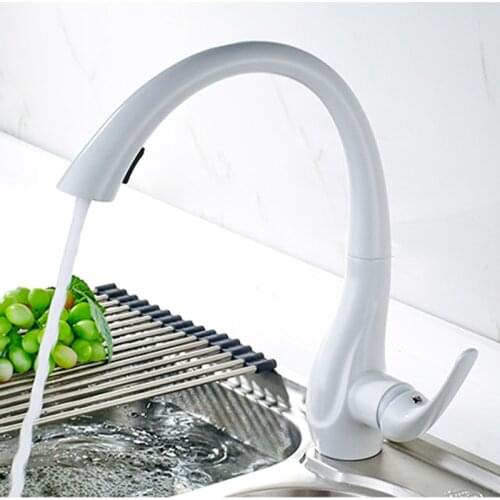 LIUYUE Kitchen Faucets Black Brass Swan Type Pull Out White Kitchen Faucet Button To Switch Cleaning 360 Rotate Sink Mixer Taps