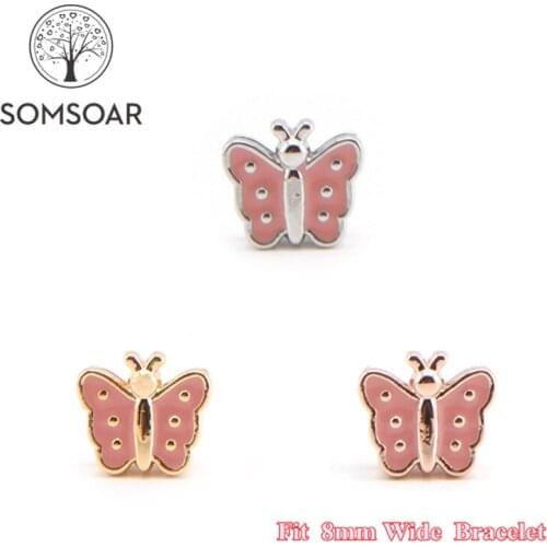 Somsoar Jewelry Pink butterfly Slide Charm fit 8mm Wide Leather Wrap Bracelet Mesh Bracelet as Toddler/Women 10pcs/lot
