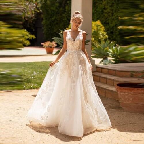 Modern Graceful A Line Lace Sleeveless Wedding Gowns for Bride Deep V Neckline Illusion Back Bridal Wedding Dresses Appliqued