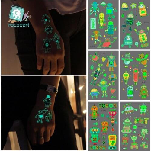 Rocooart Robot Tattoo For Kids Glowing Dark Taty Waterproof Fake Tattoo Luminous Tattoo Stickers Body Art Childs Cartoon Tattoo