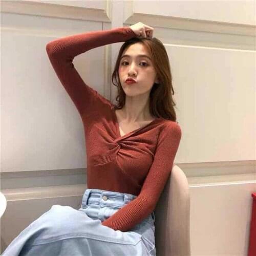 2021 Spring Womens V-neck Knitted Full Sleeve Criss-Cross Sweaters Pullovers Girls Knit Soft Jumpers Tops for Female