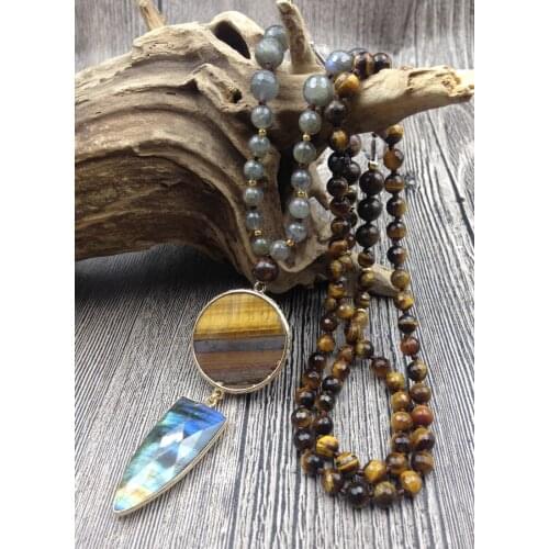 YA2787 Iron Tiger Labradorite Pendant Stone Tiger eye Quartz Beads Knot Handmade Necklace