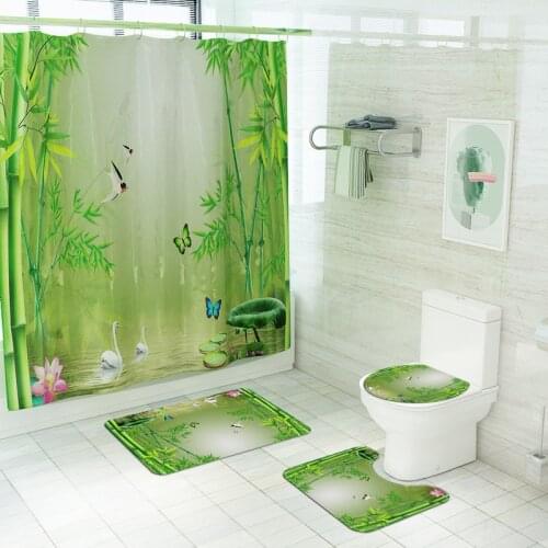 Green Bamboo Forest Shower Curtain Set Lake Scenery Pattern Bathroom Curtains Pedestal Rug Lid Toilet Cover Non-Slip Bath Mat