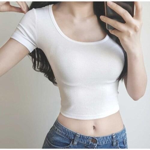 LJSXLS Summer Skinny Womens T-shirt Solid Slim Short Sleeve Tops O-Neck Tee Shirt Femme Casual Cotton Crop Top Women Clothing