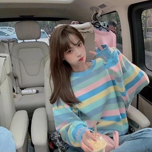 Rainbow Print Hoodies Sweatshirt Women Winter Cotton Striped Tops Casual Loose Oversized New Clothes