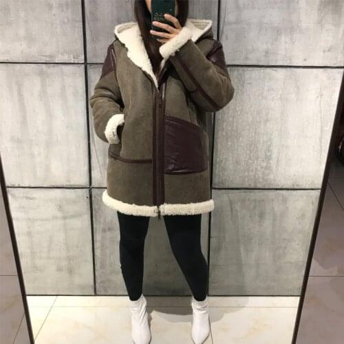 Women lamb fur ladies suede jacket hooded