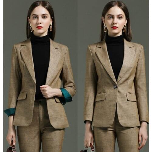 Plus size 3XL 4XL green khaki plaid womens suit two piece elegant office coat and pants professional clothes for women