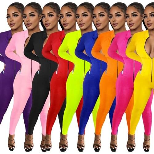 Sportwear Solid Color Jumpsuit Women Fashion Solid Stand Collar Zipper Full Sleeves Playsuit 2020 Autumn One Piece Outfits S-5XL