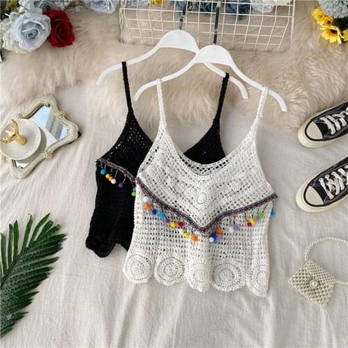 2021 Summer Bohemian Ethnic Style Hollow Knit Rainbow Tassel Color Ball Camisole Top Coat Small Shirt Women