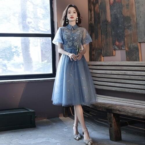 Sequins A-Line Prom Dress Embroidery Elegant Short Sleeves High Neck Knee-Length Plus size Women Formal Party Gown Women A977