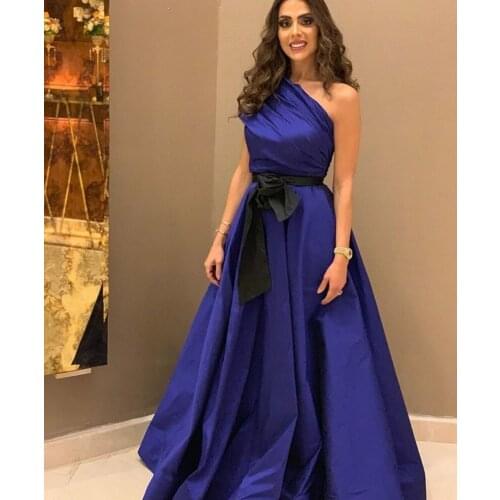 Vintage Long Dark Blue Taffeta One Shoulder Evening Dresses with Pockets Floor Length Zipper Back Formal Party Dress for Women