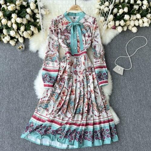 Menahem Runway Floral Print Shirt Vintage Dress 2021 Women Elegant Long Sleeve Bow Tie Collar High Waist Pleated Midi Vestidos
