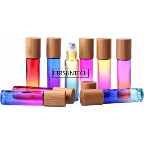 100pcs 10ml Gradient Color Thick Glass Roll On Essential Oil Empty Perfume Bottle Roller Ball bottle With bamboo cap F3462
