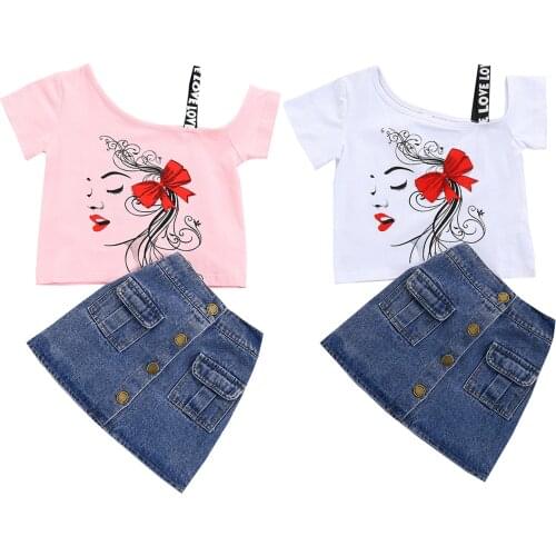 2PCS Toddler Baby Girls Summer Clothes, Short Sleeve Strap One Shoulder T-Shirts + Mini Denim Skirt Set Fashion
