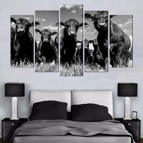 5 Piece African Cow Herd Paintings Canvas Wall Art Prints Black and White Large Animal Wall Poster Artwork Pictures for Living R