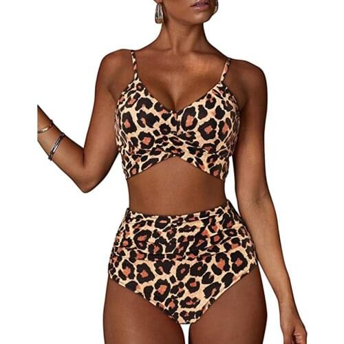 2021 Bikinis Women Leopard Flowers Print Bikini Set Push Up Cross Bandage Monokini Swimwear High Waist Two Piece Swimsuit