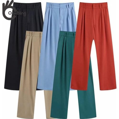 OneBling 2021 Za Woman Casual Traf Trousers Autumn Folds Front Side Pockets High Waist Straight Long Pants Loose Career Pants