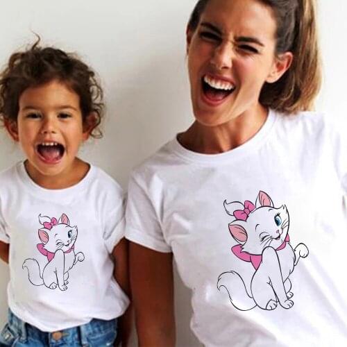 Disney The Aristocats Harajuku Marie Cat Print Children White T Shirt Women Sexy Top Mommy and Me Family Matching Clothes