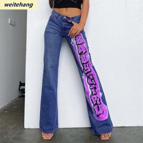 Personality Letter Printing Straight Jeans Women Harajuku Streetwear Mom Jeans Denim High Waist Aesthetic Pants Cuteandpsycho53