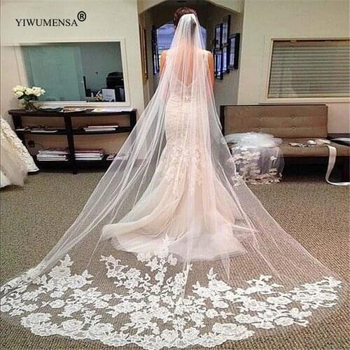 2020 3M Length Cheap Bridal Veil With Comb Lace Appliqued Edge Soft Tulle White/Ivory Wedding Veils 1 Layers Bridal Accessories