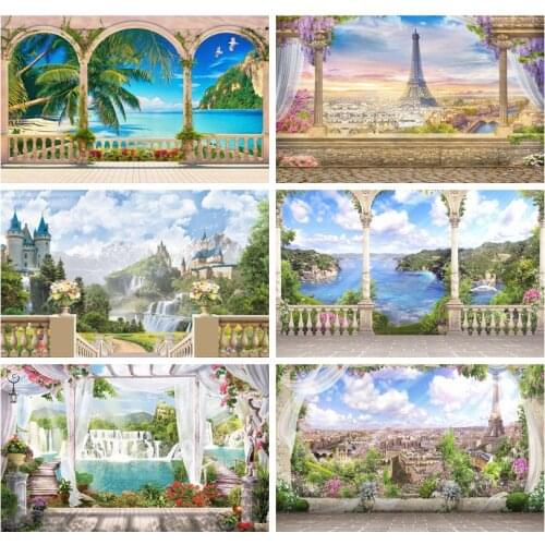 Seaside Garret Arch Door Palms Tree Paris Tower Photography Backgrounds Wedding Love Photo Backdrops Photophone For Photozone