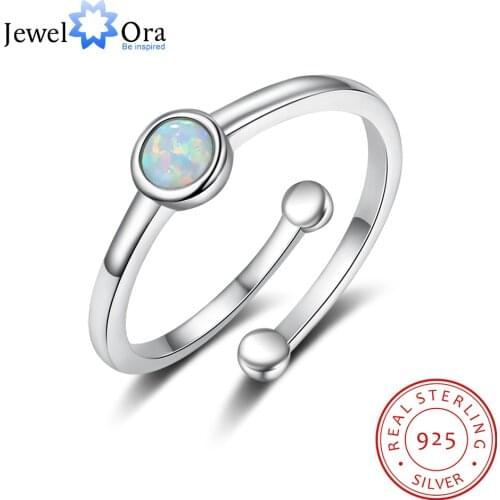 Geometric Style 925 Sterling Silver Adjustable Ring with Round Created Opal Stone Women Female Finger Ring Silver 925 Jewelry