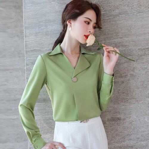 IZICFLY Autumn Winter Women Long Sleeve New Style V-Neck Green Shirt Slim Casual Office Elegant Fashion Korean Blouse Work Wear