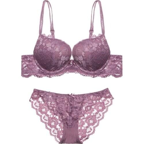 Sexy Womens Lace Embroidery Push Up Bra Sets Females Wire Free Padded Bra + Panties Lingerie Underwear Set