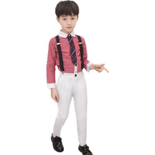 School uniform Suit For Boys Kids Formal White Wedding Dress Gentleman Girls Strap Shirt Pant Tie 4Pcs Pinao Performance Costume