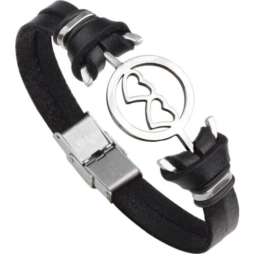 Double Heart Leather Bracelets Women Men Jewelry Cuff Bangle