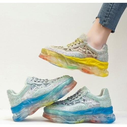 Spring Womens Chunky Sneakers Fashion Women Platform Shoes Bling Sequined Lace-Up Vulcanize Shoes Female Trainers Dad Shoes