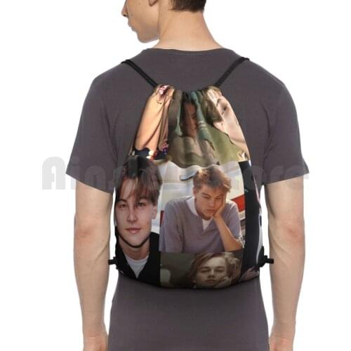 Leonardo Dicaprio Collage Backpack Drawstring Bags Gym Bag Waterproof Fun Funny Cute Aesthetic Trendy Teen Teenvibes