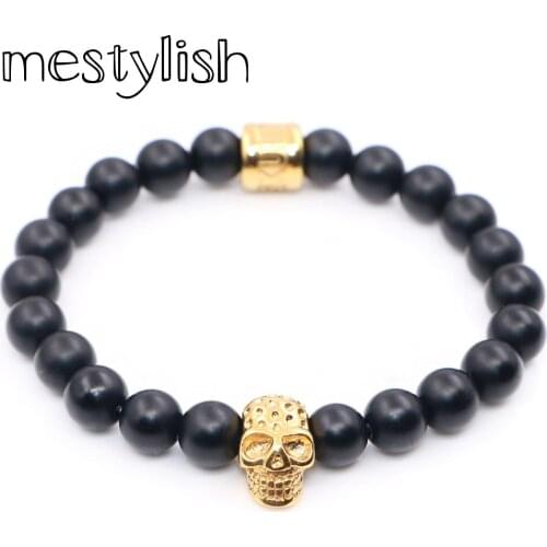 Mestylish Matte Onyx Beads Stainless Steel Skull Charms skull Bracelet For Womens Men Best Friends Gift pulseira Yoga Jewelry