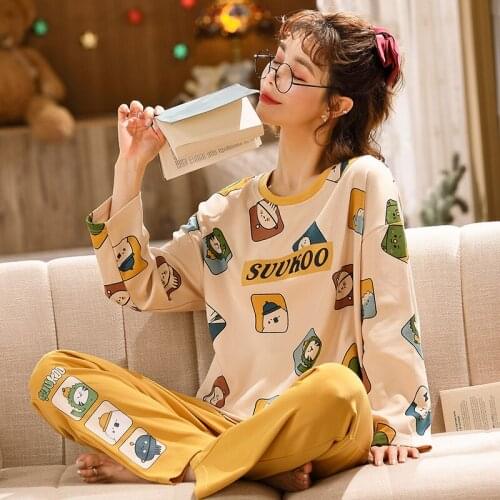 Foply Cartoon 100% Cotton Pajamas Set Sleepwear for Women Pyjamas Nightwear Pijama Mujer Home Wear Plus Size Long Pant Nightsuit