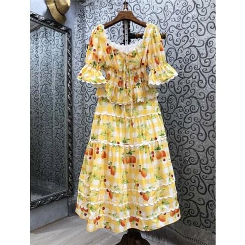 Crop Sets 2021 Summer Fashion 2 Piece Sets High Quality Women Sweet Fruits Print Crop Tops+Blue Yellow Print A-Line Skirt Set