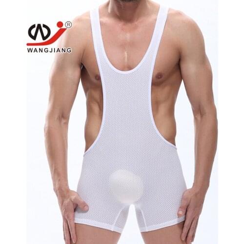 WJ Mens Underwear Manufacturers Wholesale Sexy Elastic Mesh Breathable U Convex Design Jumpsuits