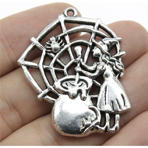 WYSIWYG 2pcs Charms Witch Refining Drugs Spider 38x30mm Antique Making Pendant Fit Vintage Tibetan Silver Color DIY Handmade