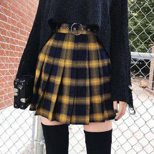 Paris Girl Spring Summer Harajuku Women Fashion Skirts Cute Yellow Black Red Lattice Pleated Skirt Punk Style High Waist Female