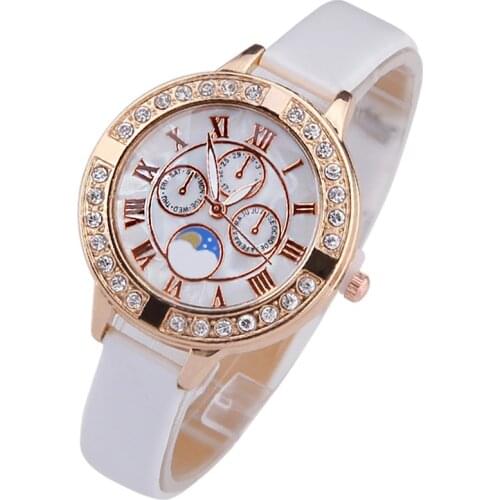 Gnova Platinum Top fashion small dial watch women rhinestone PU Leather crystal golden analog quartz wristwatch day night pic