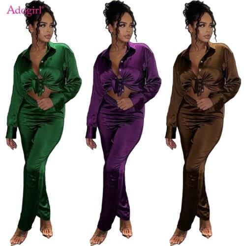 Adogirl Women Satin Two Piece Set Lace Up Long Sleeve Shirt Top Pencil Pants Office Lady Fashion Work Uniform Suit Autumn Outfit
