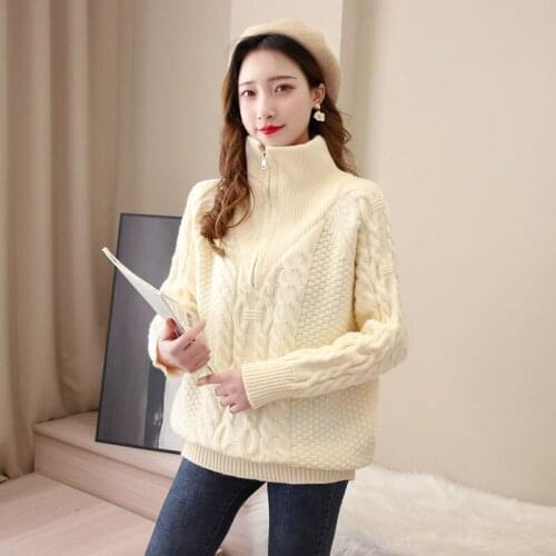 2021 Autumn Winter Women New Zipper Warm Sweater Tops Female Loose Knitted Turtleneck Tops Ladies Solid Pullover Jumpers R580