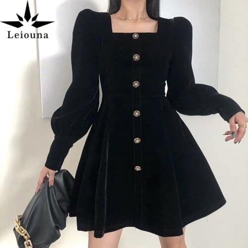 Leiouna Office Lady Solid 2021 New Fashion Way French Single Breasted Design Bubble Sleeve Square Neck Dress Waist Skirt Dress